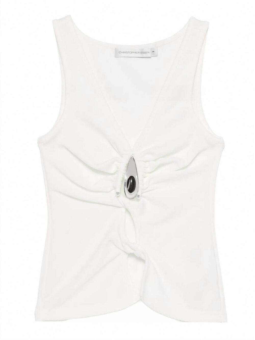 NEW CHRISTOPHER ESBER women's crystal pendant twisted keyhole tank top in white